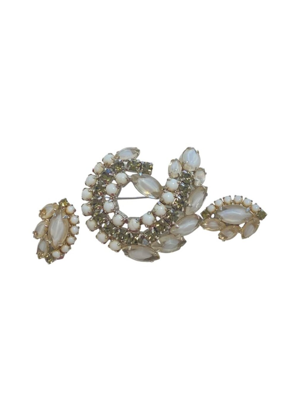 Vintage Mid-Century Rhinestone & Milk Glass Brooch & Clip-On Earrings Set